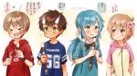  &gt;_&lt; 2boys 2girls aqua_eyes armband arms_up black_armband black_bow blue_hair blue_shirt blush bow brown_hair child closed_mouth colored_speech_bubble commentary_request cowboy_shot dai_(far_tarooo) demon_horns dot_nose double-parted_bangs english_text far_tarooo flower flute flying_sweatdrops gradient_hair hair_behind_ear hair_between_eyes hair_flower hair_ornament highres holding holding_flute holding_instrument hood hood_down hooded_jacket hoodie horns instrument io_(far_tattoo) jacket long_hair looking_at_another looking_at_object momo_(far_tarooo) multicolored_hair multiple_boys multiple_girls nervous_sweating open_mouth original parted_bangs pink_flower print_hoodie print_shirt recorder red_hoodie rotto_(far_tarooo) sailor_collar shirt short_sleeves side-by-side speech_bubble star_(symbol) sweat teeth twitter_username upper_teeth_only wavy_mouth white_hair white_horns zipper zipper_pull_tab 