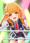  1girl audience blue_jacket blue_sky blush braided_twintails cat_pin chromatic_aberration collared_shirt commentary_request concert cowboy_shot crop_top cropped_shirt fang fingernails fujita_kotone gakuen_idolmaster hair_ornament hairclip hands_up highres idolmaster jacket leaning_forward long_sleeves looking_at_viewer midriff_peek miniskirt multicolored_jacket navel necktie open_clothes open_jacket open_mouth orange_eyes orange_hair palasta pleated_skirt red_necktie shirt skin_fang skirt sky smile solo standing star_pin sweat unbuttoned white_jacket white_shirt wing_collar 