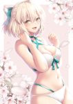  1girl adjusting_hair ahoge aqua_bow bangs bare_arms bare_shoulders bikini blonde_hair blush border bow breasts cherry_blossoms choker cleavage collarbone commentary_request cowboy_shot eyebrows_visible_through_hair fate/grand_order fate_(series) flower front-tie_bikini front-tie_top green_bow grey_eyes half_updo halter_top halterneck hand_in_hair hands_up highres large_breasts looking_at_viewer medium_breasts multi-strapped_bikini navel okita_souji_(fate)_(all) okita_souji_(swimsuit_assassin)_(fate) open_mouth petals pink_background short_hair signature smile solo stomach suzuki_nene swimsuit white_bikini white_border white_flower 