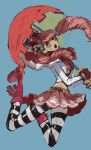  1girl blue_background blunt_bangs boots borukeinosatie capelet commentary_request crown drill_hair full_body highres holding holding_umbrella long_sleeves one_piece open_mouth pantyhose perona pink_boots pink_hair red_capelet simple_background skirt solo striped_clothes striped_pantyhose sweatdrop twintails umbrella 