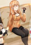  1girl absurdres black_gloves black_legwear blonde_hair blush breasts brown_sweater candy chocolate chocolate_heart cleavage closed_eyes coach eating food girls_frontline gloves hair_ribbon heart highres huge_filesize long_hair medium_breasts muteppona_hito pantyhose ribbon room simple_background sitting solo sv-98_(girls_frontline) sweater table 