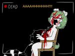 4:3 absolute_territory absurd_res anthro black_hair blood blood_splatter bodily_fluids bottomwear bound bracelet brain brain_damage brain_matter breasts camera_view canid canine canis cerise_(e254e) chain choker clothed clothed/nude clothed_female clothing collar constricted_pupils corpse corset_piercing crying dark_humor death domestic_dog duo e254e fatal fatal_wound female fluffy fluffy_tail gore green_hair gun gun_to_head gunshot_wound hair head_wound hi_res humor imminent_death imminent_suicide jewelry legwear limp mammal markings natural_breasts necklace nipples nude nude_female organs piercing procyonid pun pupils raccoon ranged_weapon recording recording_video ring_(marking) ringed_tail russian_roulette ryona scared screaming shot_in_head skirt small_pupils spiked_bracelet spiked_collar spikes stockings striped_markings striped_tail stripes suicide surface_piercing tail tail_markings tears tied_to_chair traumatized visual_humor visual_pun weapon