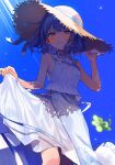  1girl bare_arms bare_shoulders blue_eyes blue_hair blue_sky blush breasts clothes_lift clover colorful_festival_(project_sekai) cowboy_shot day dress hand_on_headwear hand_up hat highres kiritani_haruka looking_at_viewer neck_ribbon official_alternate_costume official_alternate_hairstyle outdoors project_sekai ribbon shade short_hair skirt_hold sky sleeveless sleeveless_dress small_breasts smile solo standing straw_hat sun_hat sundress sunlight teeth uminokaisen wavy_hair white_dress white_ribbon 