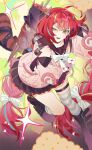  1girl :d absurdres ahoge animal_on_back biscuit_(bread) black_boots black_choker black_sailor_collar boots bow bowtie braid cardigan chest_bow choker green_eyes highres kama_(zenless_zone_zero) long_hair loose_thighhigh multicolored_hair pd_honey pink_cardigan raccoon red_hair red_umbrella sailor_collar skirt smile solo sparkle sphere_hair_ornament streaked_hair striped_clothes striped_thighhighs thigh_strap thighhighs twin_braids ukinami_yuzuha umbrella very_long_hair white_bow white_bowtie zenless_zone_zero 
