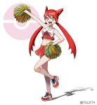 1girl :d absurdres cheerleader commentary_request cropped_shirt full_body hand_on_own_hip happy highres kneehighs latias leg_up long_hair looking_at_viewer midriff open_mouth personification pleated_skirt pokemon pokemon_adventures pom_pom_(cheerleading) red_hair shirt shoes skirt sleeveless sleeveless_shirt smile socks solo standing tellzeta tongue twintails twitter_username white_background white_shirt white_socks yellow_eyes 