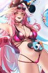  1girl arm_up artist_name bikini black_bikini black_choker black_hat blue_innertube blue_sky blush bottle breasts chattino_(raora_panthera) choker cloud cloudy_sky commentary day english_commentary eyewear_on_head fingernails hat highres holding holding_bottle holding_swim_ring hololive hololive_english holonatsu_paradise large_breasts leopard_print_bikini long_hair looking_at_viewer multicolored_hair nail_polish navel outdoors panther_girl panther_tail pink_bikini pink_hair pink_nails raora_panthera raora_panthera_(holonatsu_paradise) saechi_ng shiny_skin sky star_(symbol) star_choker stomach streaked_hair sunglasses swim_ring swimsuit tail teeth thighs tongue twitter_username virtual_youtuber yellow-framed_eyewear yellow_eyes 