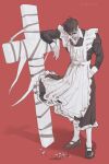  1boy absurdres apron cigarette collarbone cross_punisher crossdressing crossdressing_(mtf) facial_hair full_body goatee_stubble greyscale_with_colored_background hand_in_pocket highres ishida_6610 large_cross maid male_focus male_maid mary_janes nicholas_d._wolfwood pantyhose shoes short_hair smoking solo stubble sunglasses trigun 