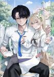  1boy 1girl absurdres black_hair black_pants black_pantyhose blue_archive blue_necktie blue_sky breasts brown_hair chair cloud cloudy_sky cup dress flower grin gun hair_flower hair_ornament handgun highres long_hair looking_at_viewer medium_breasts mug nagisa_(blue_archive) necktie one_eye_closed pants pantyhose school_swimsuit sensei_(blue_archive) shirt short_hair sitting sitting_on_person sky smile soonaepa swimsuit tree v weapon white_dress white_shirt 