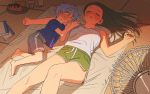  1boy 1girl age_difference black_hair breast_grab breasts child commentary diffndk flustered grabbing highres indoors large_breasts mattress nervous original shorts size_difference sleep_molestation sleeping sweat textless 
