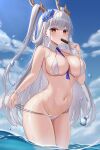  1girl absurdres azur_lane between_breasts bikini bikini_bottom_pull blue_flower blue_necktie blush breasts commentary_request commission day detached_collar dragon_girl dragon_horns dragon_tail eating flower food from_below hair_flower hair_on_horn hair_ornament hand_up highres hip_focus holding holding_food holding_popsicle horns ke-zu large_breasts long_hair looking_at_viewer looking_down navel necktie necktie_between_breasts o-ring o-ring_bikini outdoors pixiv_commission popsicle pulling_own_clothes red_eyes shimanto_(azur_lane) short_necktie skindentation smile solo splashing stomach string_pull swimsuit tail teasing thighs very_long_hair wading wet white_bikini white_hair 