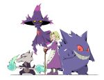  1girl agatha_(pokemon) alolan_marowak apron black_eyes blonde_hair cane commentary dress flipped_hair gengar grin highres holding holding_cane looking_at_viewer medium_hair misdreavus pokemon pokemon_(creature) pokemon_frlg psaber97 purple_dress purple_shoes shoes smile smirk socks standing teeth waist_apron white_apron white_background 