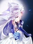  1girl absurdres alternate_costume arm_behind_back back bare_shoulders blue_flower blue_hands blue_rose bouquet breasts bridal_veil closed_mouth commentary cowboy_shot emu2cat flower from_behind genshin_impact highres holding holding_bouquet long_hair looking_at_viewer looking_back medium_breasts profile red_eyes rose skirk_(genshin_impact) solo veil white_hair white_veil 