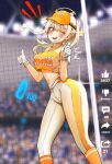  1girl ;d absurdres baseball_cap baseball_stadium baseball_uniform blonde_hair blue_eyes cropped_shirt double_thumbs_up gloves goddess_of_victory:_nikke hat highres kilowinwin navel notice_lines official_alternate_costume one_eye_closed orange_hat orange_shirt orange_socks pants shirt smile socks solo sportswear star_(symbol) thumbs_up tove_(baseball_fan)_(nikke) tove_(nikke) two-tone_hat white_gloves white_hat white_pants 