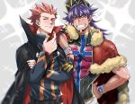  2boys arm_over_shoulder baseball_cap black_cape blush cape closed_eyes closed_mouth commentary_request crossed_arms dande_(pokemon) dark_skin dark_skinned_male dynamax_band eyebrows_visible_through_hair facial_hair fur-trimmed_cape fur_trim gloves hand_on_hip hat long_hair long_sleeves looking_at_viewer male_focus mimasan multiple_boys pokemon pokemon_(game) pokemon_hgss pokemon_swsh purple_hair red_cape red_hair shirt single_glove smile spiked_hair teeth turtleneck wataru_(pokemon) 