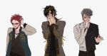  3boys aimono_jyushi amaguni_hitoya averting_eyes bad_ass_temple belt black_hair black_jacket black_kimono black_nails black_pants black_shirt blonde_hair blue_eyes blue_jacket blush brown_belt chain chain_necklace clenched_teeth closed_eyes collared_shirt commentary contrast_collar covering_own_mouth cowboy_shot ear_blush furrowed_brow gold_trim grey_hair grey_jacket hair_over_one_eye hand_in_own_hair hand_up hands_up harai_kuko highres hypnosis_mic jacket japanese_clothes jewelry juban kimono lapels leather leather_jacket lineup long_hair long_sleeves male_focus mature_eyes mole mole_under_eye multicolored_hair multicolored_jacket multiple_belts multiple_boys multiple_piercings multiple_rings necklace necktie nose_blush notched_lapels pale_skin pants peanut_mouth pinky_ring plug_(piercing) pompadour raised_inner_eyebrows reaching reaching_towards_viewer red_hair red_necktie ring shirt short_hair shy side-by-side simple_background sleeve_zipper streaked_hair studded_belt sukajan teeth thumb_ring two-sided_fabric two-tone_hair v-shaped_eyebrows very_short_hair white_background white_jacket white_shirt yellow_eyes zy_(dondokodo-mu) 