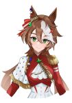  1girl animal_ears brown_hair ear_ornament epaulettes fang genderswap genderswap_(mtf) green_eyes hair_between_eyes hair_ornament highres hokushinron horse_ears horse_girl long_hair looking_at_viewer multicolored_hair original personification shin_emperor_(racehorse) simple_background single_epaulette skin_fang solo streaked_hair third-party_source umamusume upper_body white_background white_hair 