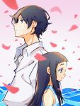  1boy 1girl arms_at_sides back-to-back bangs black_hair black_outline blue_eyes blunt_bangs blurry blurry_foreground closed_mouth collared_shirt depth_of_field dress_shirt expressionless eyebrows_visible_through_hair eyes_visible_through_hair father_and_daughter goto_hime goto_kakushi gradient gradient_background half-closed_eyes happy height_difference hime_cut jitome kakushigoto looking_afar mio_(matcha) ocean outline petals pink_background shirt sidelocks simple_background sleeveless smile standing straight_hair upper_body water white_background white_outline white_shirt 