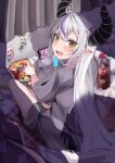  1girl absurdres ahoge alternate_costume blush chips_(food) coca-cola commentary_request food from_behind grey_hair grey_shirt hakui_koyori highres hololive horns housei_fenoru kazama_iroha la+_darknesss long_hair looking_at_viewer looking_back multicolored_hair open_mouth phone pointy_ears popsicle potato_chips purple_hair shadow shirt sitting slit_pupils soda_bottle sticker streaked_hair striped_horns takane_lui twitter_username virtual_youtuber yellow_eyes 