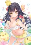  1girl ball bare_shoulders beachball bikini black_hair blonde_hair blush breasts bug butterfly butterfly_hair_ornament character_ball cleavage closed_mouth collarbone cup drinking_straw flower frills glass hair_flower hair_ornament highres holding holding_cup large_breasts long_hair looking_at_viewer multicolored_hair navel original shirosei_mochi smile solo stomach streaked_hair swimsuit very_long_hair white_bikini yellow_bikini yellow_eyes 