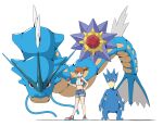  1girl blue_eyes closed_mouth cropped_shirt golduck gyarados hand_on_own_hip hashtag-only_commentary highres holding holding_poke_ball knees looking_at_viewer midriff misty_(pokemon) one_side_up poke_ball poke_ball_(basic) pokemon pokemon_(creature) pokemon_lgpe psaber97 shirt shoes shorts sleeveless sleeveless_shirt smile standing starmie white_background white_shirt 