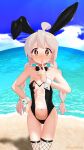  1girl ahoge animal_ears artist_name bare_arms bare_shoulders beach black_bow black_bowtie black_leotard blush bow bowtie braid breasts brown_eyes collarbone commentary_request day detached_collar embarrassed fisheye fishnet_thighhighs fishnets grey_hair hand_on_own_hip happyundergate heart_pasties highres leotard long_hair looking_at_viewer low_twin_braids navel nose_blush ocean onii-chan_wa_oshimai! outdoors oyama_mahiro pasties playboy_bunny rabbit_ears sand small_breasts solo straight-on thigh_gap thighhighs translation_request transparent_leotard twin_braids twitter_username very_long_hair water wavy_mouth wrist_cuffs 