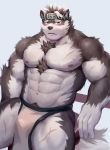  5_fingers absurd_res accessory anthro better_version_at_source big_muscles black_nose blush bulge canid canine canis chest_tuft clothed clothing fingers fur grey_body grey_fur headband hi_res horkeukamui humanoid_hands loincloth male mammal multicolored_body multicolored_fur muscular muscular_anthro muscular_male physen scar sitting solo tokyo_afterschool_summoners topless tuft two_tone_body two_tone_fur video_games white_body white_fur wolf yellow_eyes 
