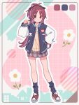  1girl absurdres ahoge alternate_costume black_jacket black_ribbon black_socks blush border brown_border brown_cardigan cardigan collared_shirt commentary_request dress_shirt food full_body grey_skirt hair_ribbon hand_on_own_hip hand_up highres holding holding_food holding_pocky jacket letterman_jacket long_hair long_sleeves looking_at_viewer loose_socks mahou_shoujo_madoka_magica miniskirt multicolored_jacket open_clothes open_jacket outline outside_border patch pleated_skirt pocket pocky ponytail pout red_eyes red_hair red_shoes ribbon ruru_(rurumagi) sakura_kyoko shirt shoes skirt socks solo standing white_jacket white_outline white_shirt 