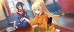  2girls :d black_cat blonde_hair blue_eyes blue_hakama blush braid brick_wall brown_hair calligraphy_brush candlestand cat chomusuke couch crown_braid darkness_(konosuba) day dutch_angle floral_print floral_print_kimono game_cg hair_ornament hakama high_ponytail highres holding holding_calligraphy_brush holding_paintbrush indoors japanese_clothes kimono kono_subarashii_sekai_ni_shukufuku_wo! konosuba!_fantastic_days lens_flare long_hair megumin multiple_girls obi official_art on_one_knee open_mouth orange_kimono paintbrush ponytail print_kimono red_eyes red_kimono rug sash seiza short_hair_with_long_locks sidelocks sitting smile socks sparkle sunlight third-party_source tile_floor tiles white_socks window x_hair_ornament 