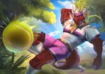 anthro asian_mythology ball blonde_hair body_hair bottomwear claws clothed clothing digital_drawing_(artwork) digital_media_(artwork) digitigrade dragon east_asian_mythology eastern_dragon fingers fluffy fluffy_ears fluffy_hair fluffy_tail footwear fur hair horn looking_at_viewer male mammal multicolored_body multicolored_fur multicolored_hair mythological_creature mythological_scalie mythology purple_eyes red_body red_fur red_hair redsmock scalie shirt shorts smile socks solo sport tail tail_tuft tennis tennis_ball tennis_racket topwear tuft vitamin_c_(forwardpickup) whiskers yellow_body yellow_fur