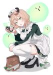  1girl absurdres animal_ears apron bag between_legs black_shoes breasts brown_bag brown_hair buttons center_frills collared_dress double-parted_bangs dress expressionless frills full_body garter_straps green_dress green_eyes hand_between_legs hat head_tilt highres holding holding_smoking_pipe indie_virtual_youtuber large_breasts long_sleeves looking_at_viewer mucheng naplings_(nimi_nightmare) nimi_nightmare nurse nurse_cap one_side_up open_mouth satchel shadow shoes short_dress short_hair simple_background sleeve_cuffs smoking_pipe sprout squatting strappy_heels tapir_ears tapir_girl thighhighs virtual_youtuber white_apron white_background white_hat white_sleeve_cuffs white_thighhighs zettai_ryouiki 