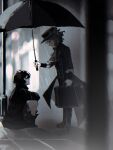  2girls black_boots black_coat black_hair black_hat black_pants black_umbrella blurry blurry_background boater_hat bokeh boots bow coat depth_of_field from_side full_body grey_hair hat hat_bow highres holding holding_suitcase holding_umbrella lamppost looking_at_another multiple_girls outdoors pants profile rain reverse:1999 schneider_(reverse:1999) shared_umbrella short_hair sitting suitcase umbrella vertin_(reverse:1999) wilson_(wilson1151487) 