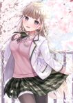  1girl absurdres arm_at_side black_pantyhose blazer blush breasts brown_hair brown_ribbon brown_skirt buntason_(buritarooooo) cherry_blossoms collared_shirt commentary cowboy_shot dappled_sunlight day floating_clothes floating_hair flower grey_eyes hand_on_own_chest hand_up highres jacket large_breasts long_hair long_sleeves looking_at_viewer miniskirt neck_ribbon open_clothes open_jacket open_mouth original outdoors pantyhose pink_flower pink_sweater plaid_clothes plaid_skirt pleated_skirt pocket ribbon running school_uniform shirt skirt smile solo spring_(season) straight_hair sunlight sweater symbol-only_commentary teeth upper_teeth_only v-shaped_eyebrows white_jacket white_shirt wing_collar 