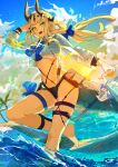  1girl :d absurdres adversarial_noise arknights arm_up blonde_hair blue_bow blue_neckerchief bow breasts brown_horns charm_(object) commentary crop_top cropped_shirt english_commentary foot_out_of_frame green_eyes highres holding horns infection_monitor_(arknights) long_hair long_sleeves looking_at_viewer medium_breasts neckerchief official_alternate_costume open_mouth outdoors pouch reed_(arknights) reed_the_flame_shadow_(arknights) reed_the_flame_shadow_(summer_flower)_(arknights) revision shirt smile solo standing standing_on_one_leg tail thigh_bow thigh_strap watermark white_shirt yun-yang 