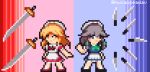  2girls apron blonde_hair blue_eyes bow braid dress frills hair_ornament izayoi_sakuya knife long_hair maid maid_headdress mucaoseadav multiple_girls open_mouth pixel_art puffy_short_sleeves puffy_sleeves red_dress ribbon short_sleeves sprite sword touhou touhou_(pc-98) trait_connection twin_braids weapon yellow_eyes yumeko_(touhou) 