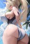  1girl absurdres animal_ear_fluff animal_ears ass bare_arms bare_shoulders blonde_hair blue_archive blue_eyes blush breasts covered_nipples dog_ears dog_girl extra_ears highres huge_ass huge_breasts kanna_(blue_archive) kanna_(swimsuit)_(blue_archive) looking_at_viewer official_alternate_costume official_alternate_hairstyle one-piece_swimsuit open_mouth ponytail renshuunomi sharp_teeth solo swimsuit teeth thick_thighs thighs wet white_one-piece_swimsuit 