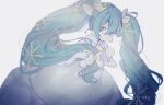  1girl absurdres adjusting_hair adjusting_hair_ornament aqua_eyes aqua_hair blurry bow closed_mouth cowboy_shot crown depth_of_field detached_collar detached_sleeves dress elbow_gloves expressionless gloves gown grey_background hair_bow hatsune_miku headset highres ichikawa_sae long_dress long_hair looking_to_the_side low-tied_long_hair mini_crown multiple_hair_bows puffy_detached_sleeves puffy_sleeves short_sleeves simple_background sleeveless sleeveless_dress snowflakes solo twintails very_long_hair vocaloid white_bow white_dress white_gloves yuki_miku yuki_miku_(2019)_(candidate_no.6) 