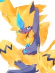 2025 3:4 ambiguous_gender anthro blue_eyes claws fangs featureless_crotch felid feline fur generation_7_pokemon hi_res legendary_pokemon looking_at_viewer mammal multicolored_body nintendo one_eye_closed open_mouth paws pokemon pokemon_(species) simple_background sitting solo stretching su1sooo tail teeth tongue two_tone_body whiskers yawn yawning_position yellow_body yellow_fur zeraora