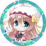  1girl animal_ear_headwear black_thighhighs blue_eyes blush boots bow brown_hair cape chibi chibi_only commentary_request detached_sleeves eyes_visible_through_hair footwear_bow frilled_sleeves frills full_body hair_between_eyes hat hat_bow hat_ribbon hinocchio_bkrk knees_together_feet_apart long_hair long_sleeves looking_at_viewer magical_girl parted_lips purple_bow ribbon sanoba_witch shiiba_tsumugi signature simple_background sitting solo star_(symbol) striped_clothes striped_thighhighs tareme thighhighs vertical-striped_clothes vertical-striped_thighhighs very_long_hair white_background white_boots white_cape white_hat wide_sleeves yellow_bow yellow_ribbon 