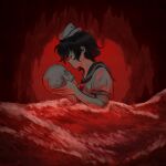  ame_iru black_hair blood blood_on_clothes blood_on_hands cave cave_interior closed_eyes from_side green_sailor_collar hat highres holding holding_skull in_water murasa_minamitsu neckerchief profile red_background red_neckerchief red_water sailor_collar sailor_hat sailor_shirt shirt skull stalactite touhou waves 