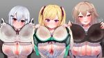  3girls ahoge artist_logo black_bra blonde_hair blue_sweater_vest bow bowtie bra breasts brown_cardigan brown_hair cardigan cleavage closed_mouth clothes_lift collared_shirt commentary_request dot_nose double-parted_bangs dress_shirt festa11307070 fingernails furen_e_lustario gloves gradient_background green_bra grey_background grey_hair hair_between_eyes hair_intakes hair_ornament hair_ribbon hairclip hakase_fuyuki hands_up holding holding_unworn_clothes huge_breasts index_fingers_raised logo long_bangs long_hair messy_hair multiple_girls neck_ribbon nijisanji nipples no_bra open_cardigan open_clothes open_mouth partially_unbuttoned presenting_bra purple_eyes red_bow red_bowtie red_eyes red_ribbon ribbon see-through_clothes see-through_shirt shirt sleeves_past_wrists smile stained_bra steam steaming_clothes sweat sweat_stain sweater_vest sweater_vest_lift sweaty_breasts takamiya_rion trinity_(nijisanji) two_side_up underwear unworn_bra upper_body variant_set very_sweaty wet wet_clothes wet_shirt white_gloves white_shirt wing_collar 