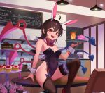  1girl ahoge alternate_costume animal_ears asymmetrical_wings bare_arms bare_shoulders bendy_straw black_hair black_legwear black_leotard blue_wings bow bowtie breasts bunny_ears cafe cake chocolate_cake covered_navel cup cupcake detached_collar drinking_glass drinking_straw fake_animal_ears food highres holding houjuu_nue indoors leg_garter leotard long_hair looking_at_viewer medium_breasts nail_polish open_mouth recare red_eyes red_footwear red_nails red_neckwear red_wings sitting smile solo table thighhighs touhou tray ufo wings wrist_cuffs 