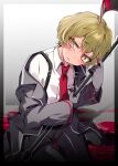  1boy absurdres black_coat black_gloves black_pants blonde_hair blood blood_on_ground blood_on_weapon blush coat gloves halberd highres holding holding_polearm holding_weapon id_card limbus_company looking_to_the_side male_focus manic_rabbits necktie on_floor open_mouth overalls pants polearm project_moon red_necktie short_hair simple_background sinclair_(project_moon) weapon worried yellow_eyes 