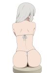  1girl absurdres ass back bikini commentary coro_fae english_commentary from_behind g-string grey_hair highres kaguya-sama_wa_kokurasetai_~tensai-tachi_no_renai_zunousen~ median_furrow on_stool paid_reward_available shirogane_kei simple_background sitting skindentation solo stool string_bikini swimsuit thong white_background white_bikini 