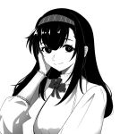  1girl arknights closed_mouth commentary_request diamond-shaped_pupils diamond_(shape) frilled_sleeves frills greyscale hairband hand_on_own_ear highres long_sleeves looking_at_viewer medium_hair monochrome mukipero partial_commentary priestess_(arknights) shirt simple_background smile solo split_mouth symbol-shaped_pupils turtleneck turtleneck_shirt upper_body white_background 
