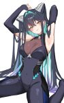  1girl absurdres aqua_hair armpits arms_up bare_shoulders black_bodysuit black_gloves black_hair blue_hair blush bodysuit breasts cleavage closed_mouth colored_inner_hair covered_navel elbow_gloves fingerless_gloves gloves goddess_of_victory:_nikke hair_intakes halterneck highres large_breasts little_mermaid_(nikke) long_hair looking_at_viewer multicolored_hair nigi_(ngmnoym) see-through_bodysuit see-through_cleavage see-through_clothes simple_background smile solo twintails very_long_hair white_background yellow_eyes 