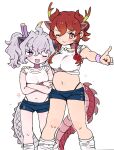  010mzam 2girls blue_shorts blush breasts dragon_ears dragon_girl dragon_horns dragon_tail extra_ears fur-tipped_tail gym_shirt gym_shorts gym_uniform hair_between_eyes highres horns kemono_friends kemono_friends_3 large_breasts long_hair long_tail looking_at_viewer medium_breasts multicolored_hair multicolored_horns multiple_girls navel one_eye_closed open_mouth purple_horns red_dragon_(kemono_friends) red_eyes red_hair scale_print shirt short_shorts shorts siblings sisters smile sportswear tail white_dragon_(kemono_friends) white_hair yellow_horns 