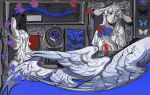  1boy 1girl absurdres august_(crrn) blood blue_eyes blue_flower blue_rose bug butterfly centipede chloe_(crrn) colored_skin extra_pupils feathered_wings floppy_ears flower highres intestines multiple_wings niatery original rose white_hair white_skin wings 