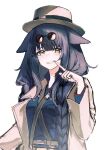  1girl animal_ears arknights black_hair braid brown_hat brown_jacket commentary_request eyewear_on_head finger_to_cheek forced_smile green_eyes hat jacket jessica_(arknights) jessica_the_liberated_(arknights) jessica_the_liberated_(ride_to_davistown)_(arknights) long_hair long_sleeves looking_at_viewer mon_(gvcs3482) official_alternate_costume open_clothes open_jacket round_eyewear simple_background solo strap white_background 