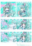  1girl :o aqua_background aqua_brooch aqua_hair aqua_hairband aqua_hat aqua_shoes aqua_sleeves bag_bow bare_shoulders blue_bow blue_bowtie blue_choker blue_pantyhose blunt_bangs blush blush_stickers border bow bow_choker bowtie brooch choker closed_mouth clothing_cutout commentary_request commission commissioner_name cosmetics cure_lillian dot_nose dress earrings eyelashes frilled_arm_warmers frilled_headwear frilled_sleeves frills hairband happy hat hat_bow heart heart_background heart_brooch high_heels high_side_ponytail highres holding holding_lipstick_tube holding_wand jewelry lipstick_tube long_hair magical_girl mini_hat mini_top_hat multicolored_bow multiple_earrings multiple_views nekoyashiki_mayu outline pantyhose parted_lips pink_bow pink_eyes pointy_nose polka_dot polka_dot_background precure pumps rakugaki_shitagari-ya shoes short_dress short_sleeves shoulder_cutout single_stripe skeb_commission smile sparkle sphere_earrings striped_bow striped_bowtie striped_clothes striped_sleeves top_hat tsurime twitter_username very_long_hair waist_bag wand wavy_hair white_arm_warmers white_bag white_border white_dress white_outline wonderful_precure! 