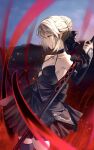  1girl absurdres ahoge artoria_pendragon_(fate) bare_shoulders black_choker black_dress black_ribbon black_thighhighs blonde_hair braid breasts bun_with_braided_base choker closed_mouth collarbone cutout_above_navel detached_sleeves dress excalibur_morgan_(fate) fate/stay_night fate_(series) gothic_lolita hair_ribbon heaven&#039;s_feel highres holding holding_sword holding_weapon lace-trimmed_thighhighs lace_trim layered_dress lolita_fashion maririri111 outdoors ribbon saber_alter short_dress short_hair sidelocks small_breasts solo sword thighhighs weapon yellow_eyes 
